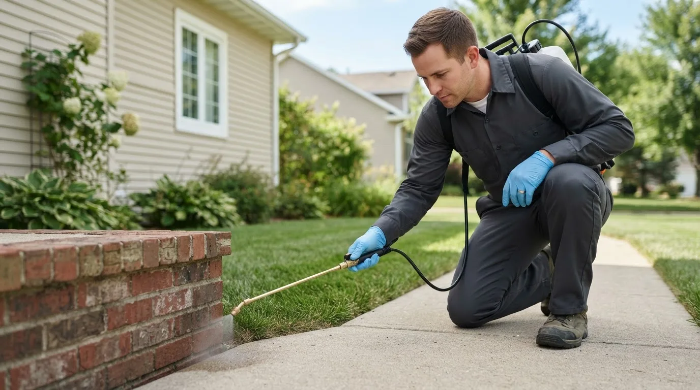 Pest control technician treating a home near Trivoli, IL